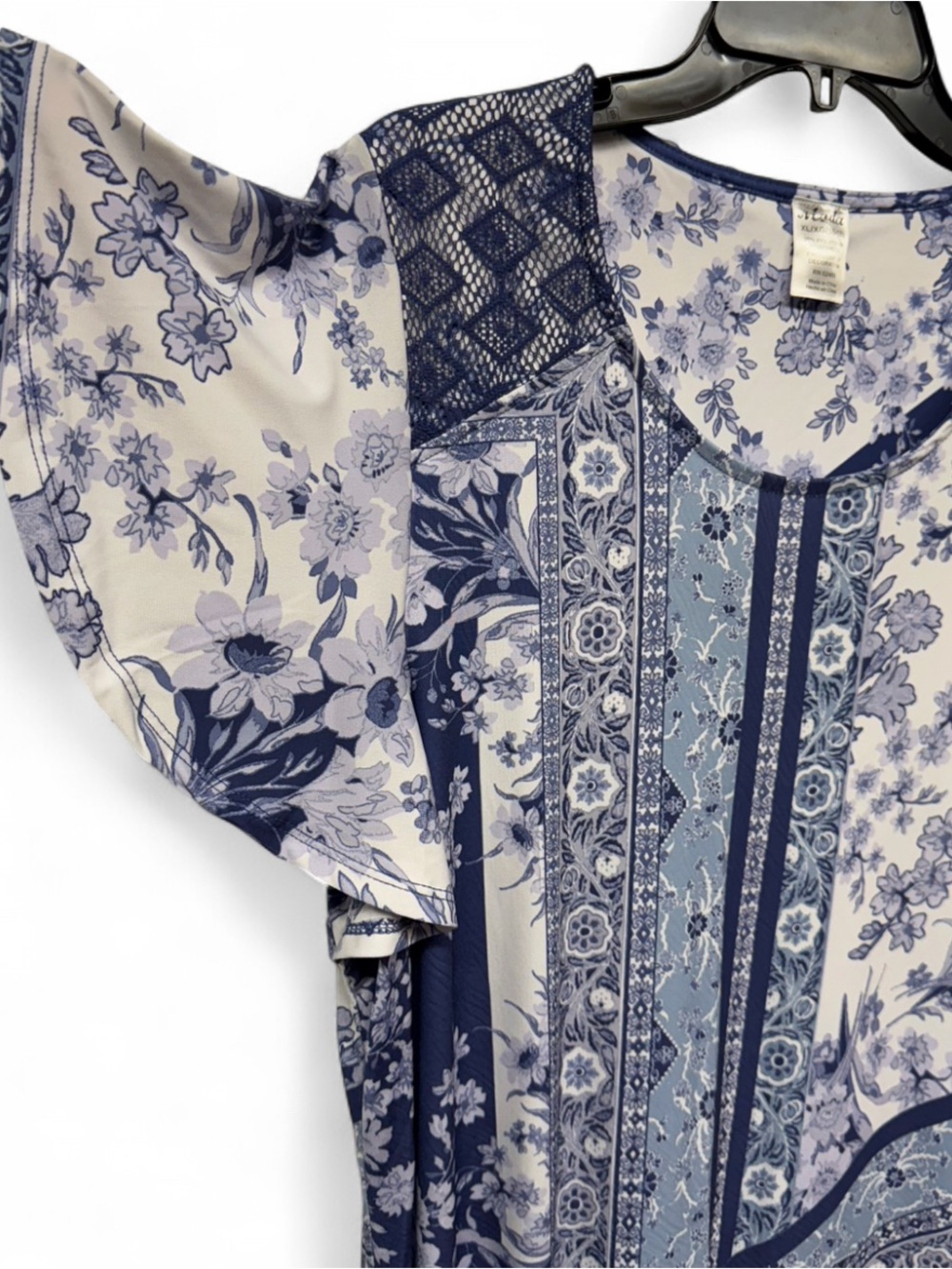 Moda Blue Floral Mixed Print Flutter Sleeve Dress XL 16-18 Crochet Lace Accent - Picture 4 of 6